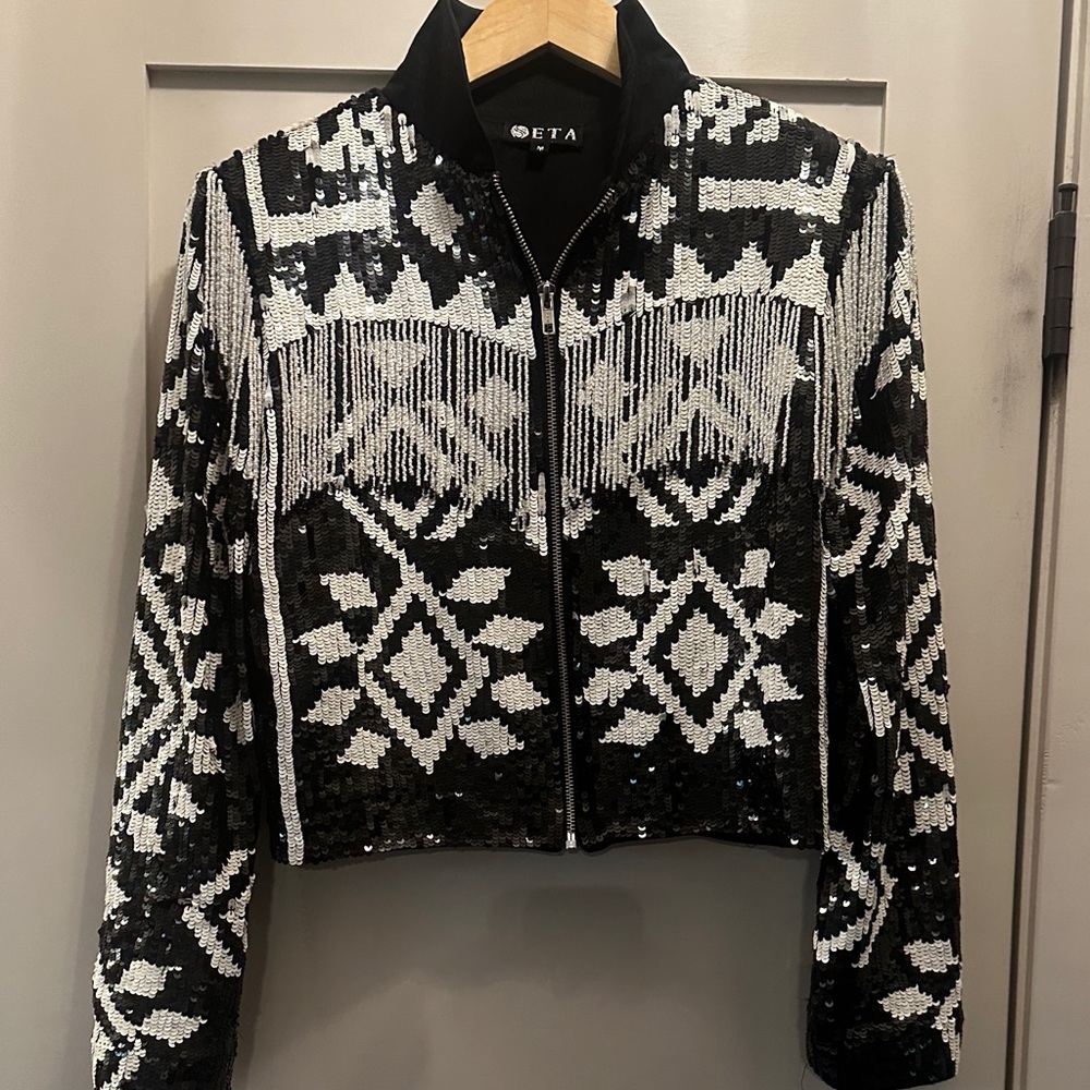 Eta Sequin Patterned Bomber Jacket - Black And Wh… - image 1